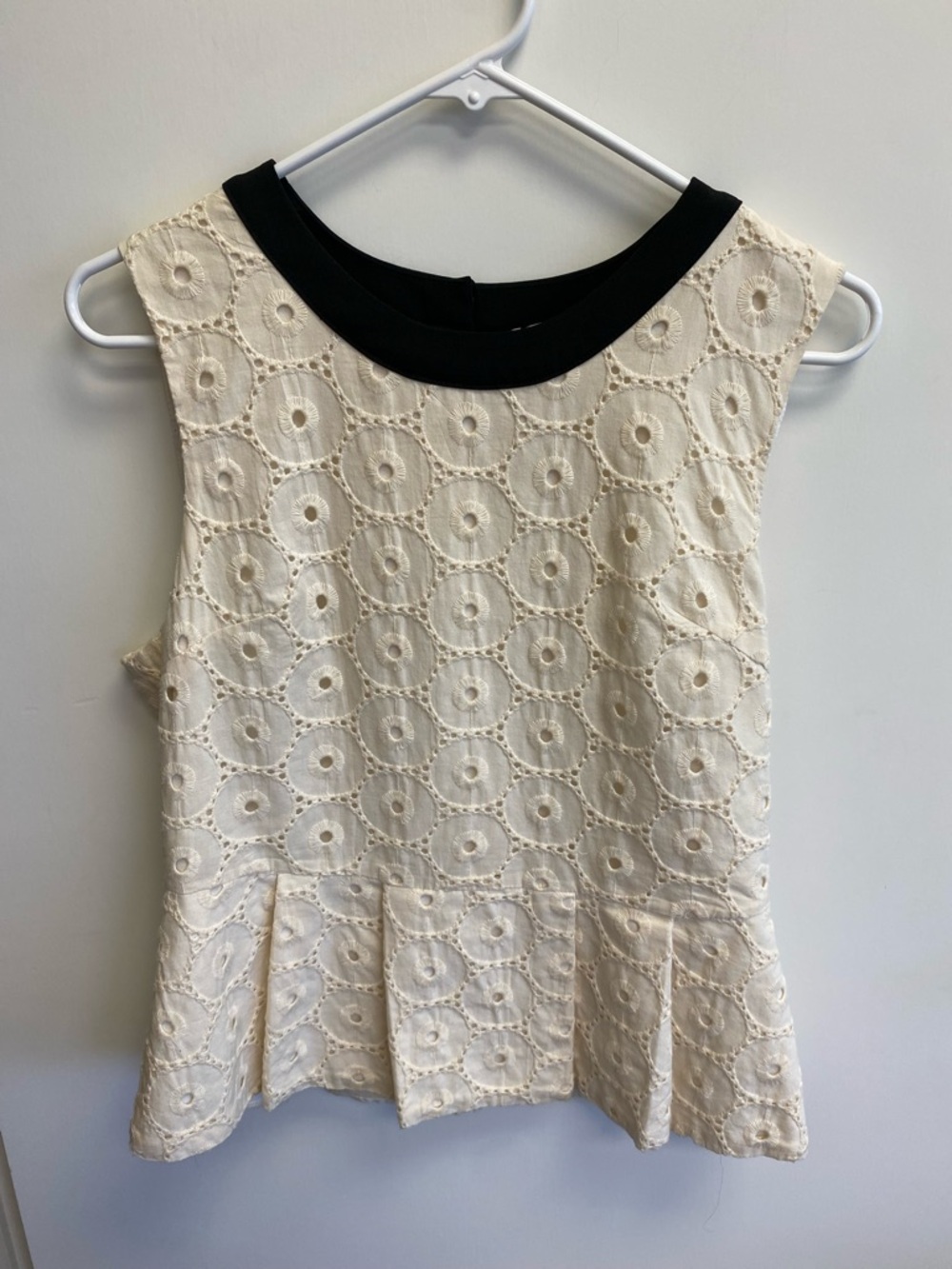 MNM Couture Cream Eyelet Peplum Tank with Black Neckline